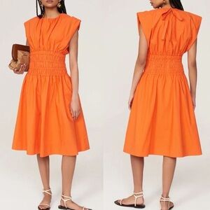 EUDON CHOI Collective Dress Womens 0 Orange Smocked Waist Cotton Poplin Midi